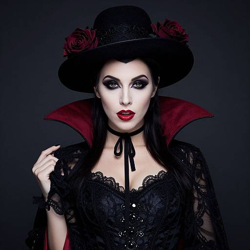 Photograph of a pale-skinned woman with dramatic black makeup, red lips, black lace dress, and wide-brimmed hat with red roses.