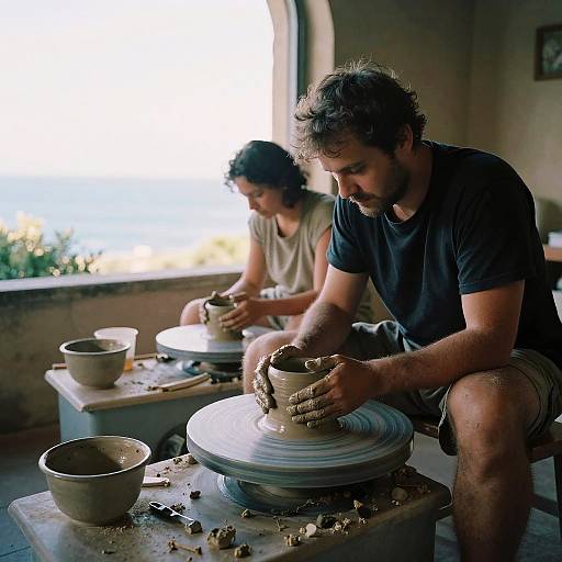 Photograph of two men, one in black T-shirt and shorts, shaping clay pots on a wheel, in a sunlit, rustic workshop.
