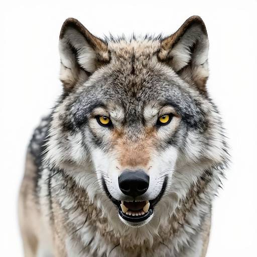 Close-up photograph of a fierce gray wolf with sharp yellow eyes, black nose, and slightly open mouth, against a white background.