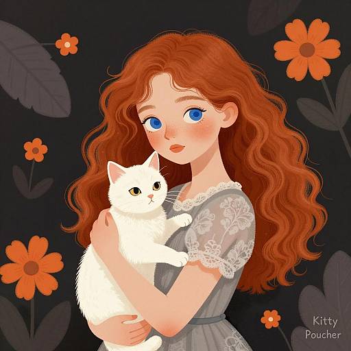 Illustration of Girl with Red Hair Holding White Cat