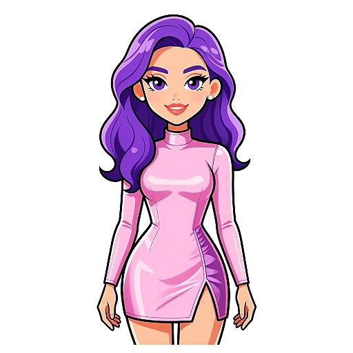 Digital anime-style drawing of a smiling woman with vibrant purple hair, wearing a tight, long-sleeve pink dress with a thigh-high slit.