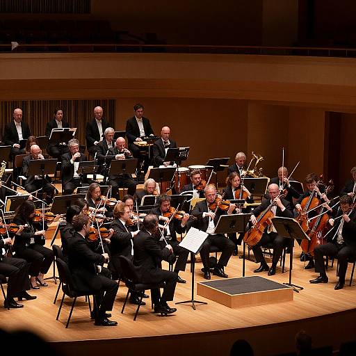 Photograph of a formal orchestral ensemble performing on a wooden stage, featuring musicians in black tuxedos playing a variety of instruments under warm stage