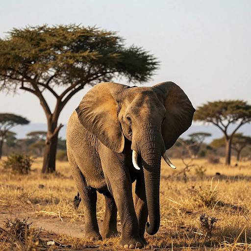 Photograph of a large, gray African elephant with visible tusks walking on a dry, grassy savanna with acacia trees in the background.