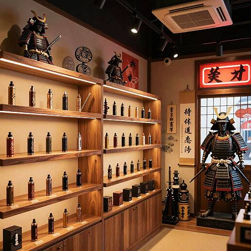 Photograph of a traditional Japanese samurai shop with wooden shelves displaying numerous black samurai figurines, illuminated by warm lights. Samurai statue stands near a