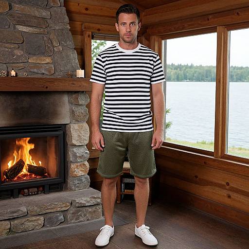 Photograph of a man with short dark hair, wearing a black-and-white striped shirt, olive green shorts, and white sneakers, standing in a wooden
