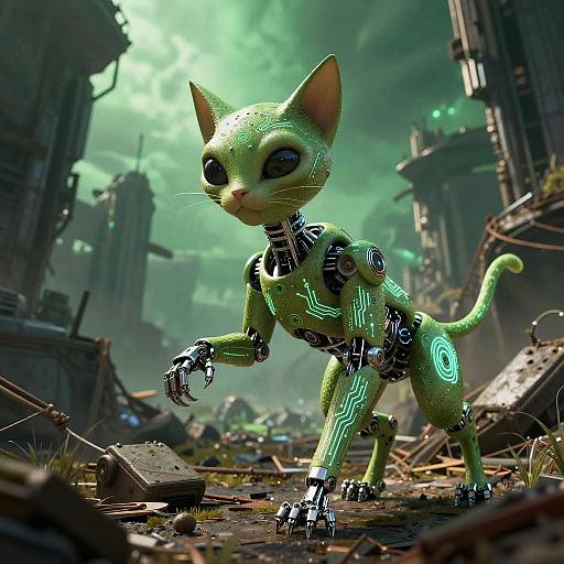 Robotic Alien Cat Exploring Ruins