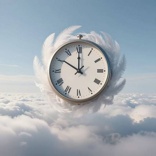 Photograph of a silver clock with black Roman numerals, encircled by white feathers, floating above fluffy white clouds against a clear blue sky.
