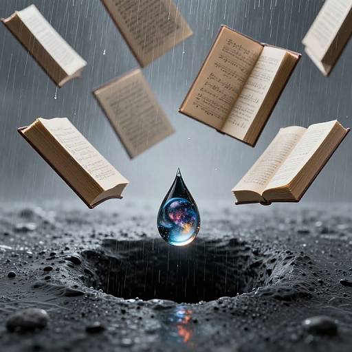 Photograph of a single, glowing water droplet landing in a rain-soaked, textured surface, surrounded by floating, rain-splattered, open