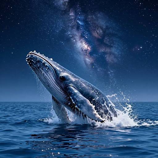 Photograph of a massive humpback whale breaching the ocean surface under a starry night sky with the Milky Way visible. Water splashes dramatically