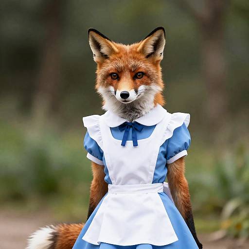 Photograph of a realistic fox with red fur, wearing a blue and white Victorian maid dress, standing in a blurred forest background.