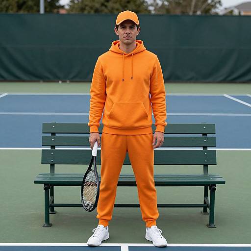 Man in Orange Hoodie on Tennis Court