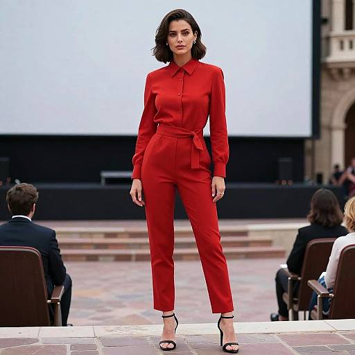 Confident Woman in Red Jumpsuit