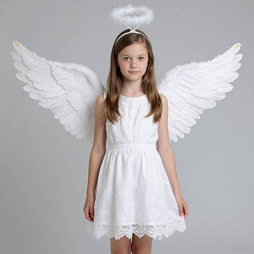 Photograph of a young girl with long brown hair, wearing a white angel dress, halo, and large white feather wings, standing against a plain gray