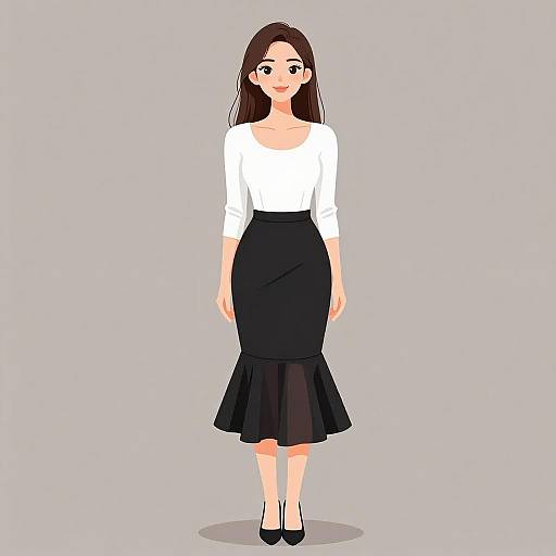 Digital illustration of a smiling woman with long brown hair, wearing a white long-sleeve top, black high-waisted skirt, and black heels
