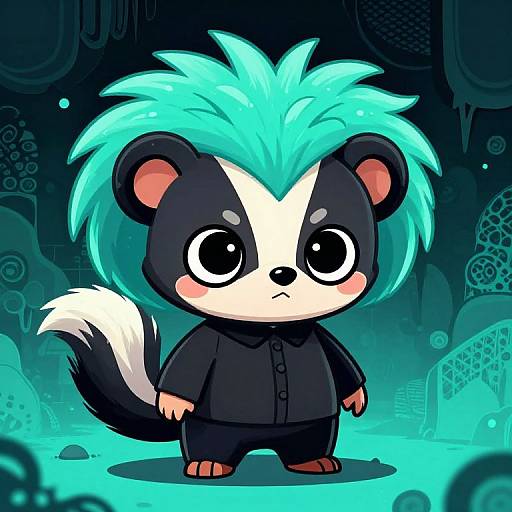 Adorable chibi-style anthropomorphic skunk with bright turquoise hair, black and white fur, and large expressive eyes, wearing a black button-up shirt