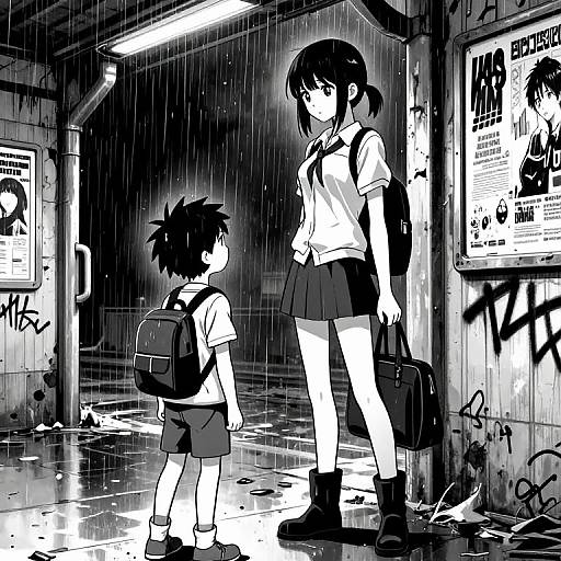 Black-and-white anime illustration of a teenage girl and young boy walking in a rainy, graffiti-covered urban tunnel, both carrying backpacks.