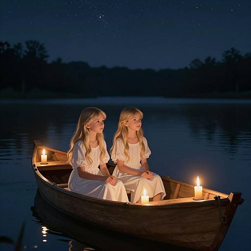 Two Girls in Wooden Boat at Night