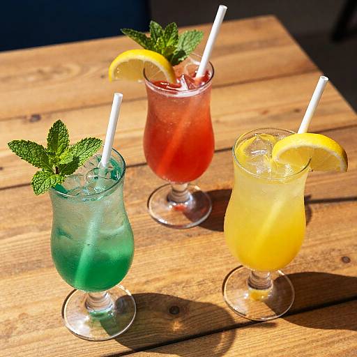 Three colorful cocktails on wooden table