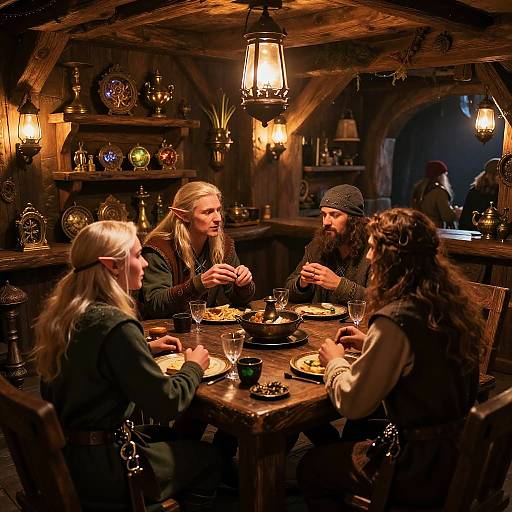 Photograph of four fantasy elves with pointed ears, dressed in medieval attire, dining in a dimly lit, wooden tavern with warm lanterns and colorful