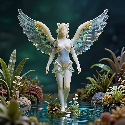 Photorealistic CGI of a glowing, winged angel statue with peacock-feather wings, standing in a colorful, lush aquatic garden.
