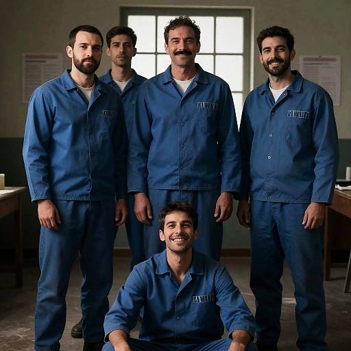 Five Men in Blue Prison Uniforms Smiling