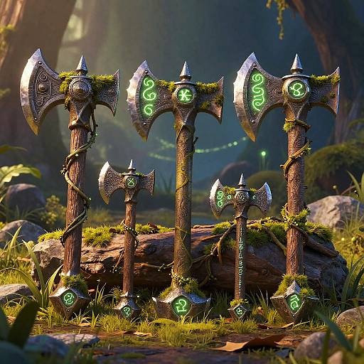 Fantasy CGI image of five glowing, green rune-embellished, medieval-style axes with silver blades and wooden handles, surrounded by moss and forest