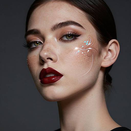 Photograph of a pale-skinned woman with dark hair, bold red lipstick, shimmering face paint, dramatic eye makeup, and a dark blue background