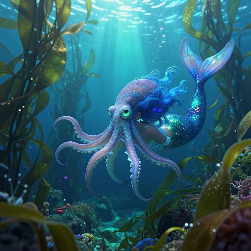 Digital artwork of a vibrant blue mermaid with a shimmering tail and tentacles, swimming amidst underwater seaweed and coral in a sunlit ocean scene