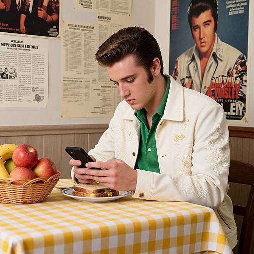 Photograph of a young man with dark hair, white embroidered jacket, green shirt, eating pancakes, using a smartphone, surrounded by apple basket, posters