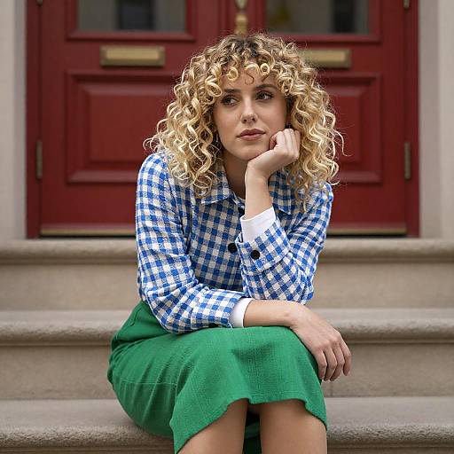Thoughtful Woman on Staircase in Sunlight