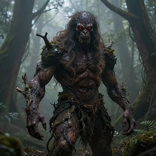 Humanoid Forest Monster with Glowing Red Eyes