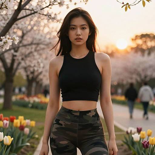 Woman in Camouflage Leggings at Sunrise