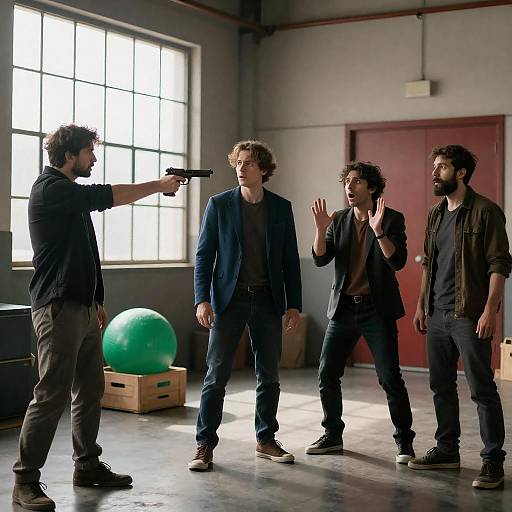 Dramatic Confrontation in Warehouse Scene