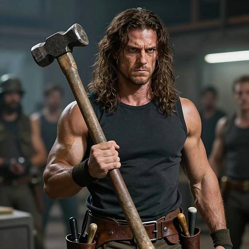 Muscular Man Holding Large Hammer in Industrial Setting