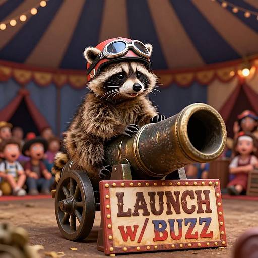 Cute raccoon in goggles and brass cannon, labeled 