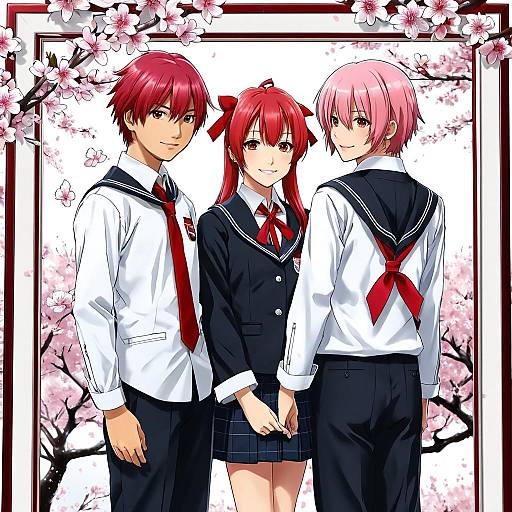 Anime-style drawing of three schoolchildren with red and pink hair, wearing black sailor uniforms with red ties, standing against cherry blossom background.