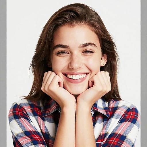 Photograph of a smiling young woman with fair skin, brown hair, and brown eyes, wearing a red and blue plaid shirt, hands framing her