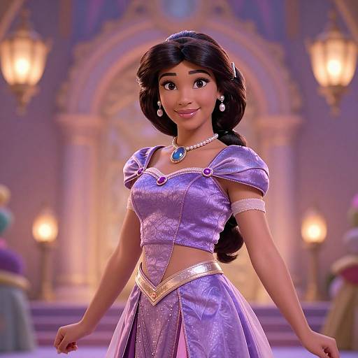 Digital CGI image of a smiling young woman with dark hair in a lavender, puffed-sleeve princess dress, adorned with a blue gemstone necklace