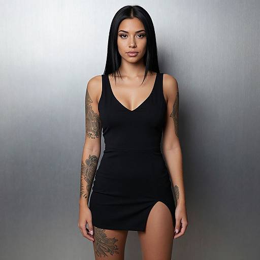 Elegant Tattooed Woman in Black Dress