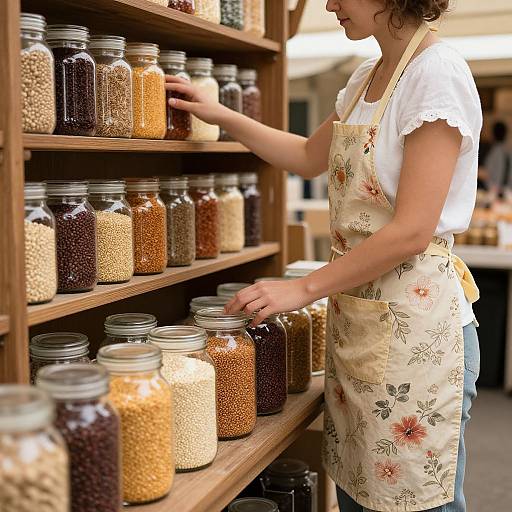 Photograph of a woman with curly hair, wearing a floral apron and white shirt, selecting jars of various grains and spices from wooden shelves in a
