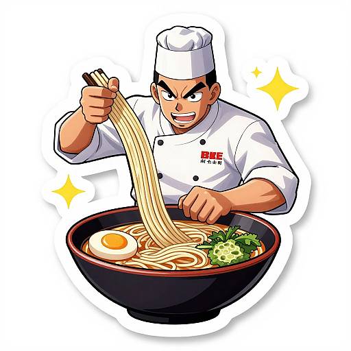 Cartoon-style drawing of a determined male chef in a white uniform, holding noodles over a bowl of ramen with egg, green onion, and garnish