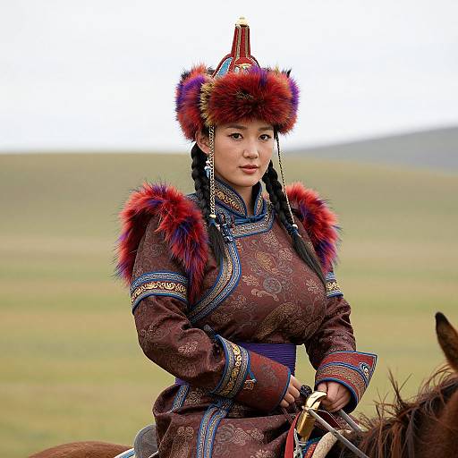 Photograph of an Asian woman in traditional, ornate, dark brown dress with red and blue fur trim, braided hair, and red fur hat
