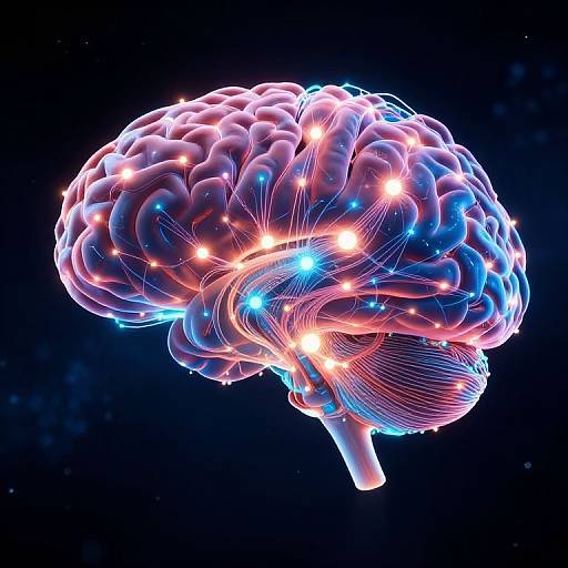 Digital illustration of a glowing, neon-colored human brain with blue, pink, and orange lights, set against a dark, starry background.