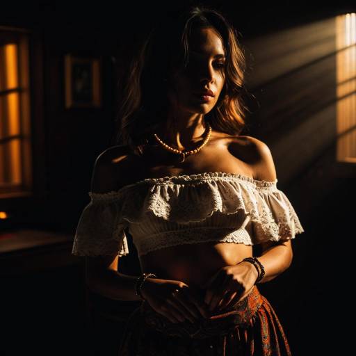 Woman in Ivory Off-Shoulder Lace Top with Paisley Skirt