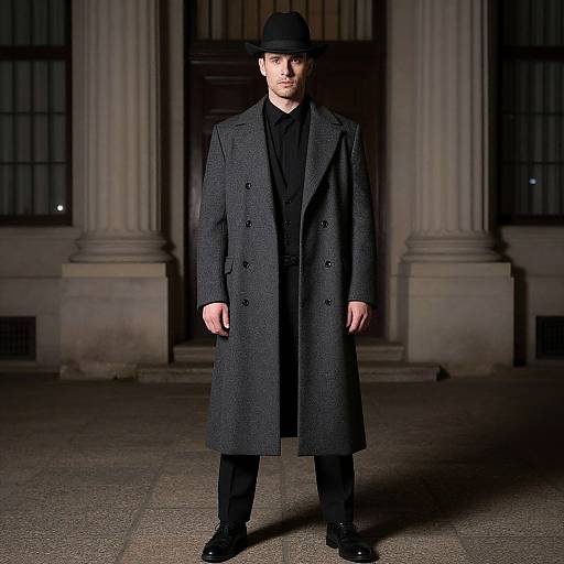 Photograph of a man in a black, long overcoat, black hat, and black clothing, standing in front of a stone building with tall windows