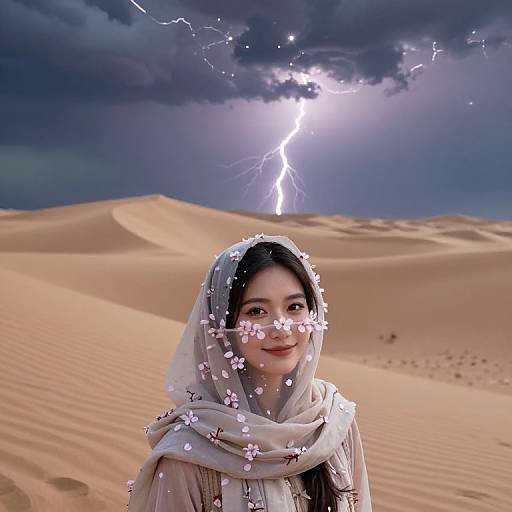 Photograph of an Asian woman with long black hair, smiling, wearing a white floral headscarf, standing in a desert under a stormy sky
