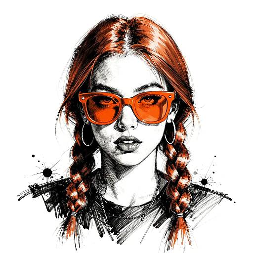 Digital illustration of a young woman with red braided hair, wearing orange sunglasses and black top, rendered in a sketch-like, high-contrast style.