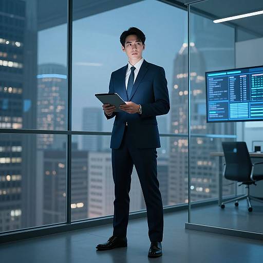 Photograph of a serious Asian man in a black suit, holding a tablet, standing in a modern office with cityscape view and computer screens.
