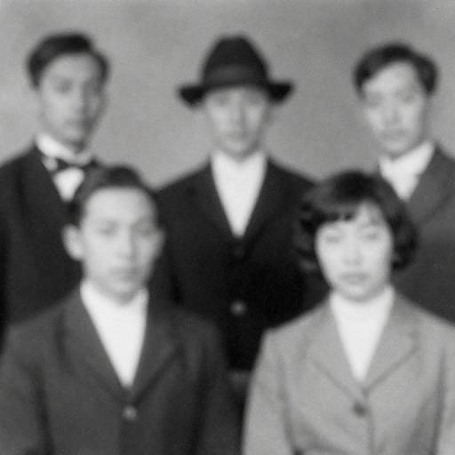 Black-and-white photograph of five people in formal 1920s attire, four men and one woman, standing closely together, with one man wearing a