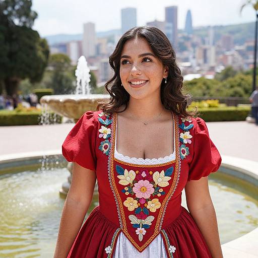 Photograph of a smiling young woman with dark wavy hair in a red traditional German dirndl with floral embroidery, standing in front of a fountain with